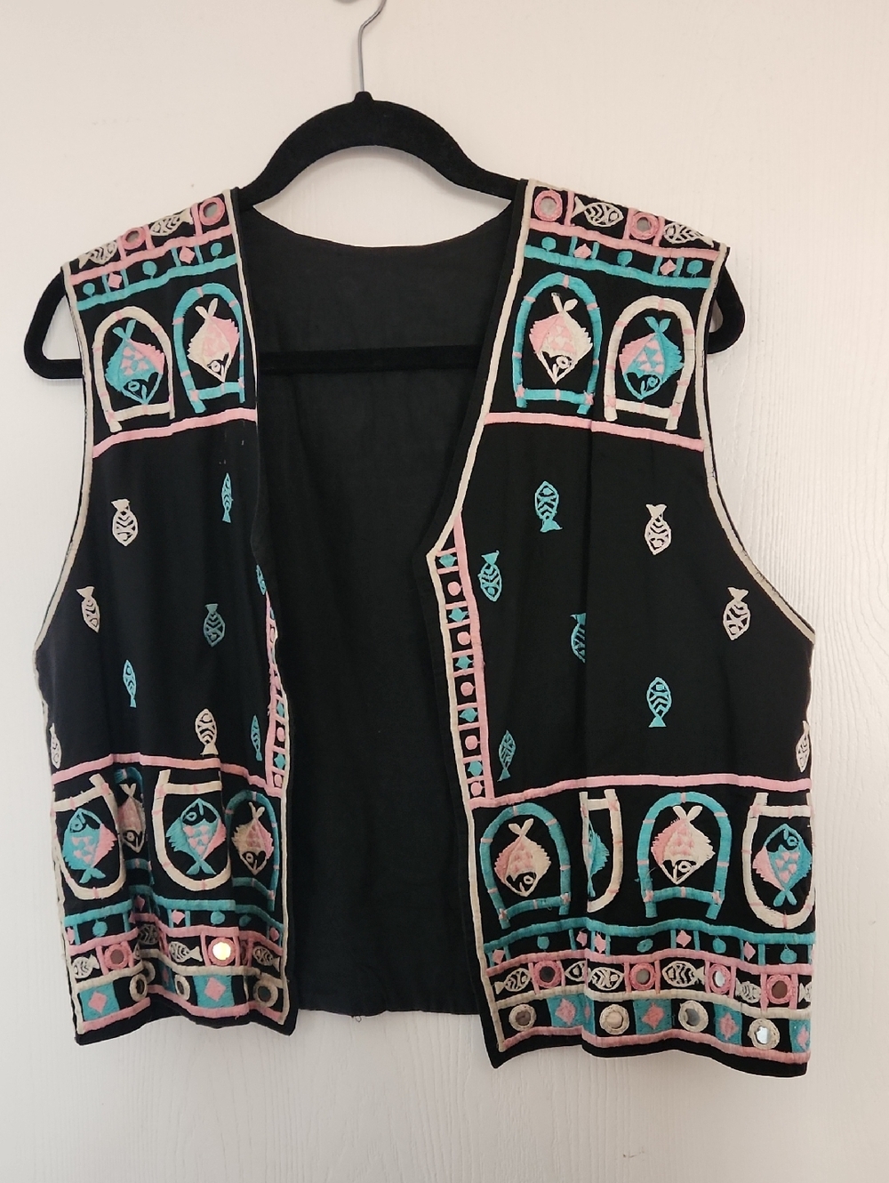 Black Embroidered Sleeveless Vest with Pink & Teal Accents